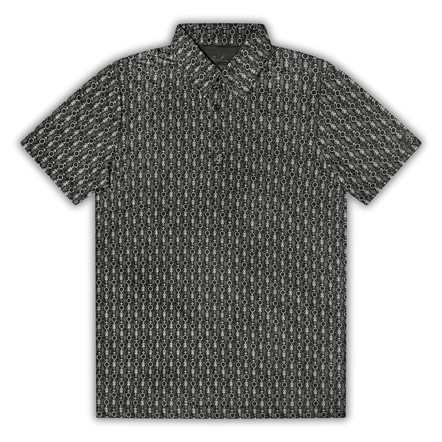 Men's 2 Genders Golf Shirt in black and grey. Flat lay view of polo.