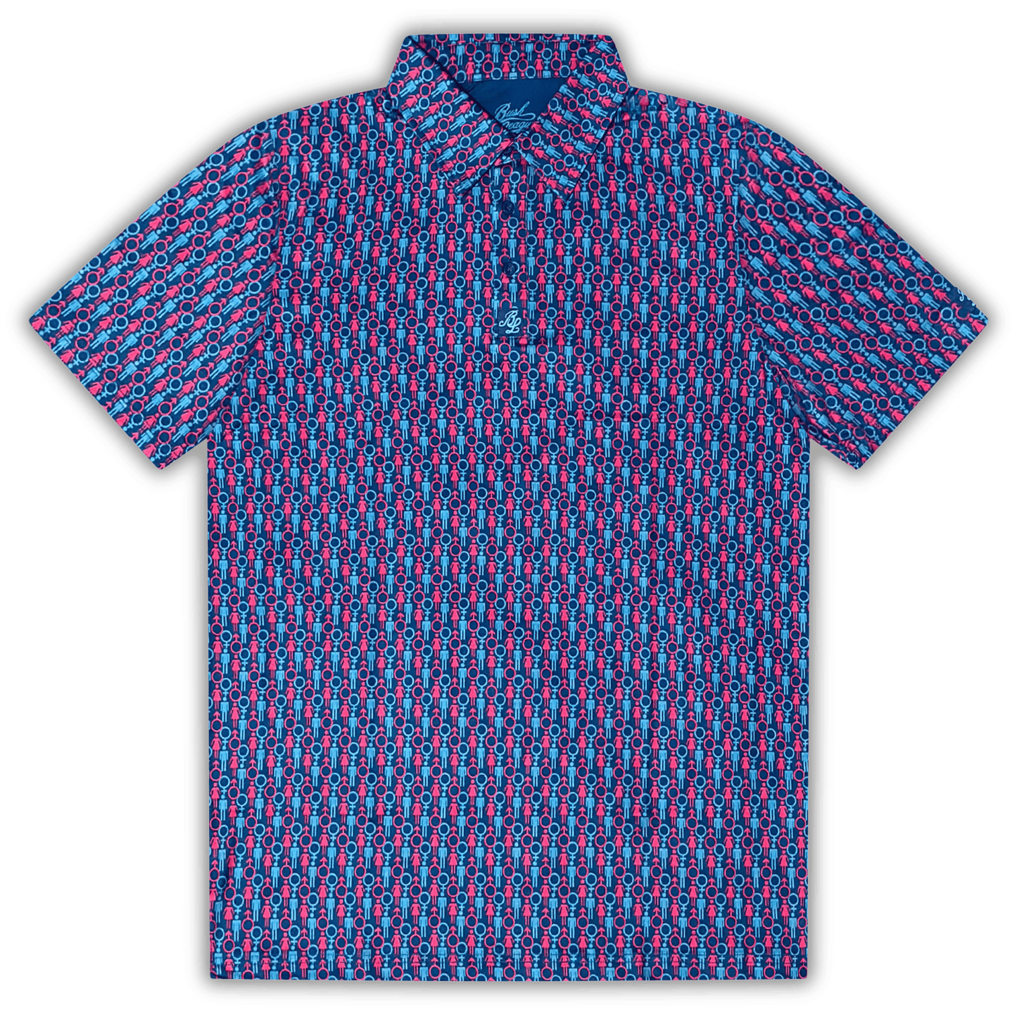 Men's 2 Genders Golf Shirt in blue and pink. Flat lay of polo.