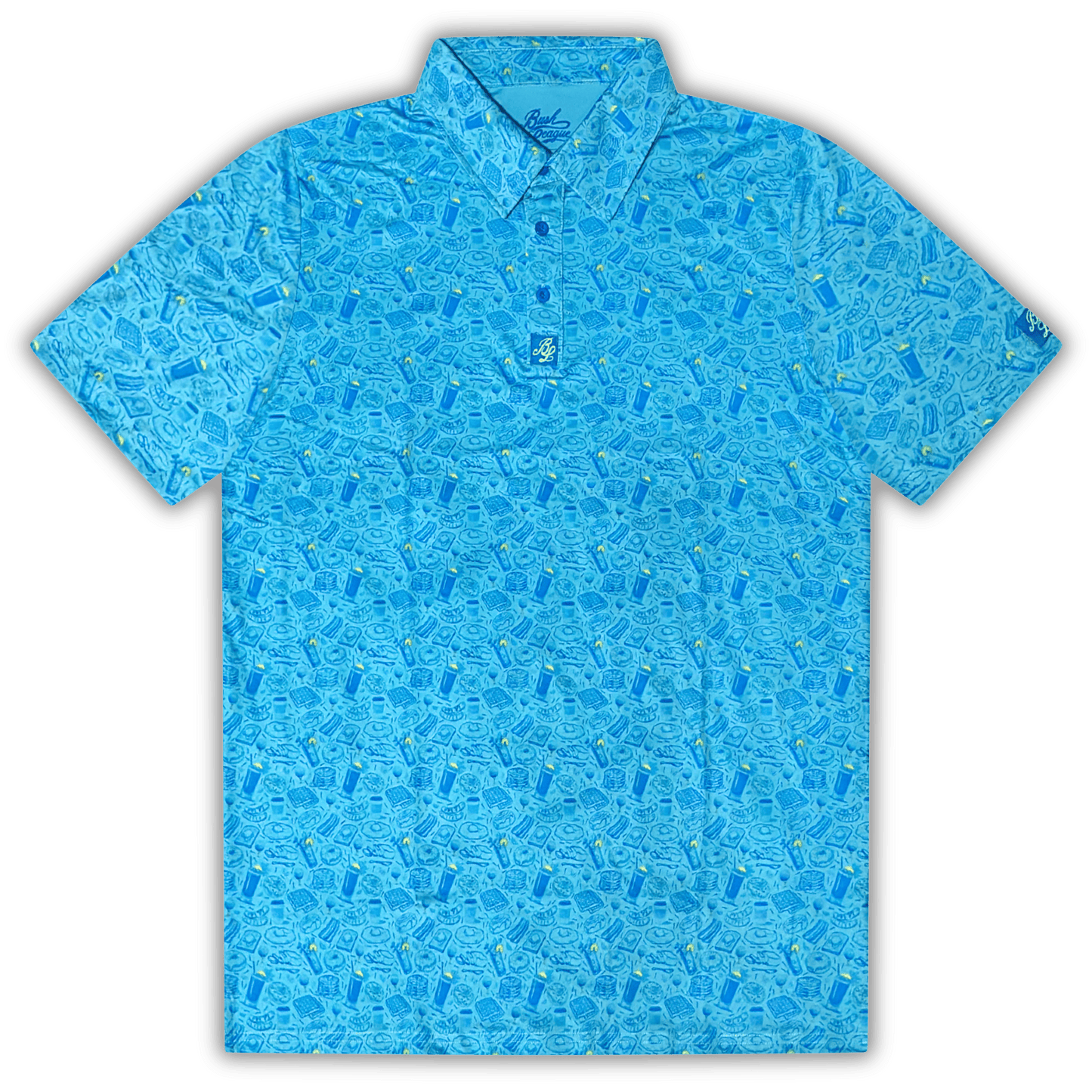 Men's Breakfast Ball Golf Shirt. Polo laid out flat.