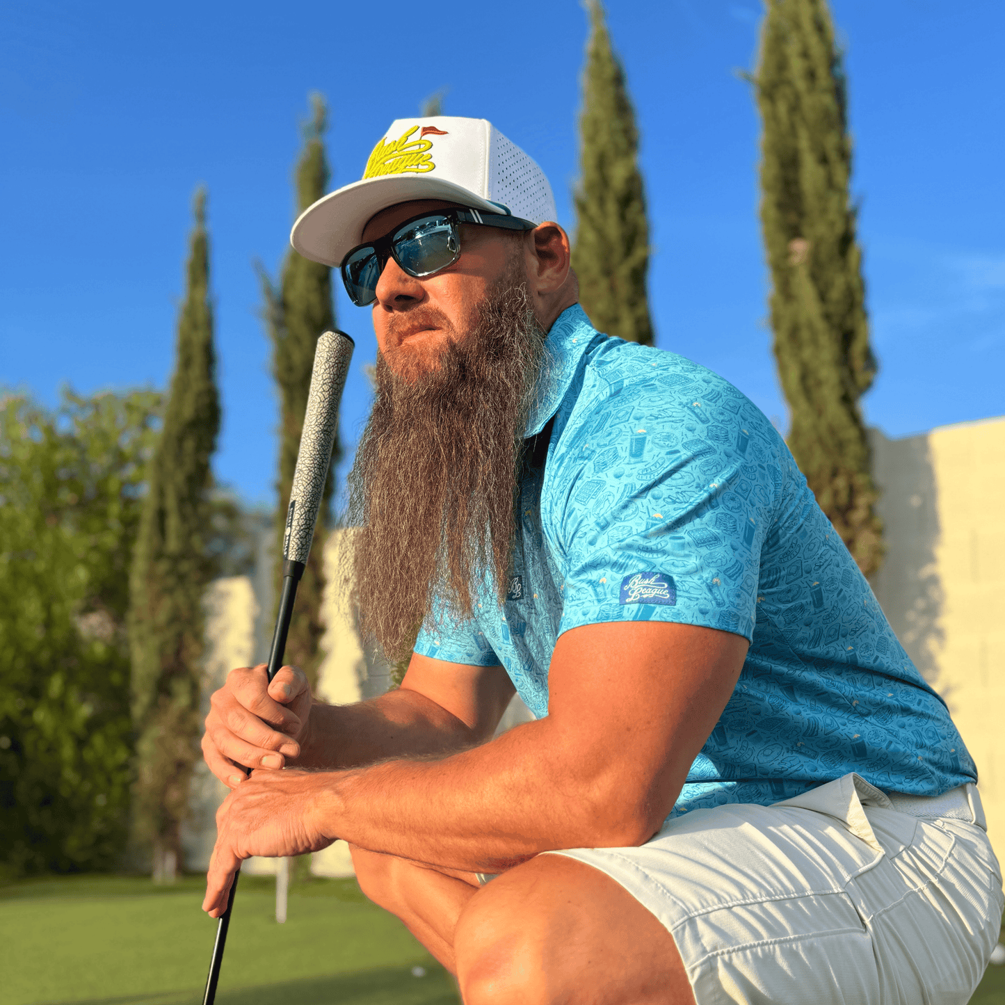 Men's Breakfast Ball Golf Shirt. Lifestyle image.