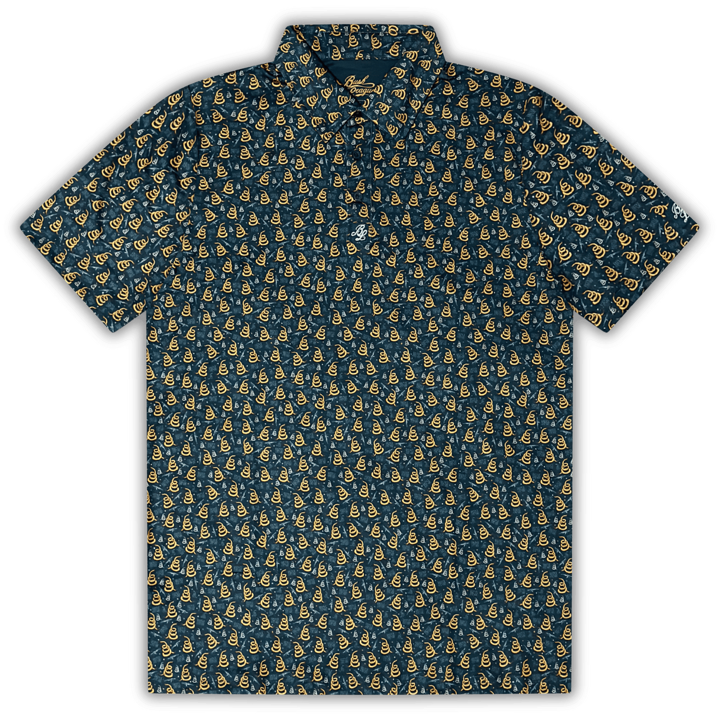 Men's Don't Tread On Me Golf Shirt. Polo laid out flat.