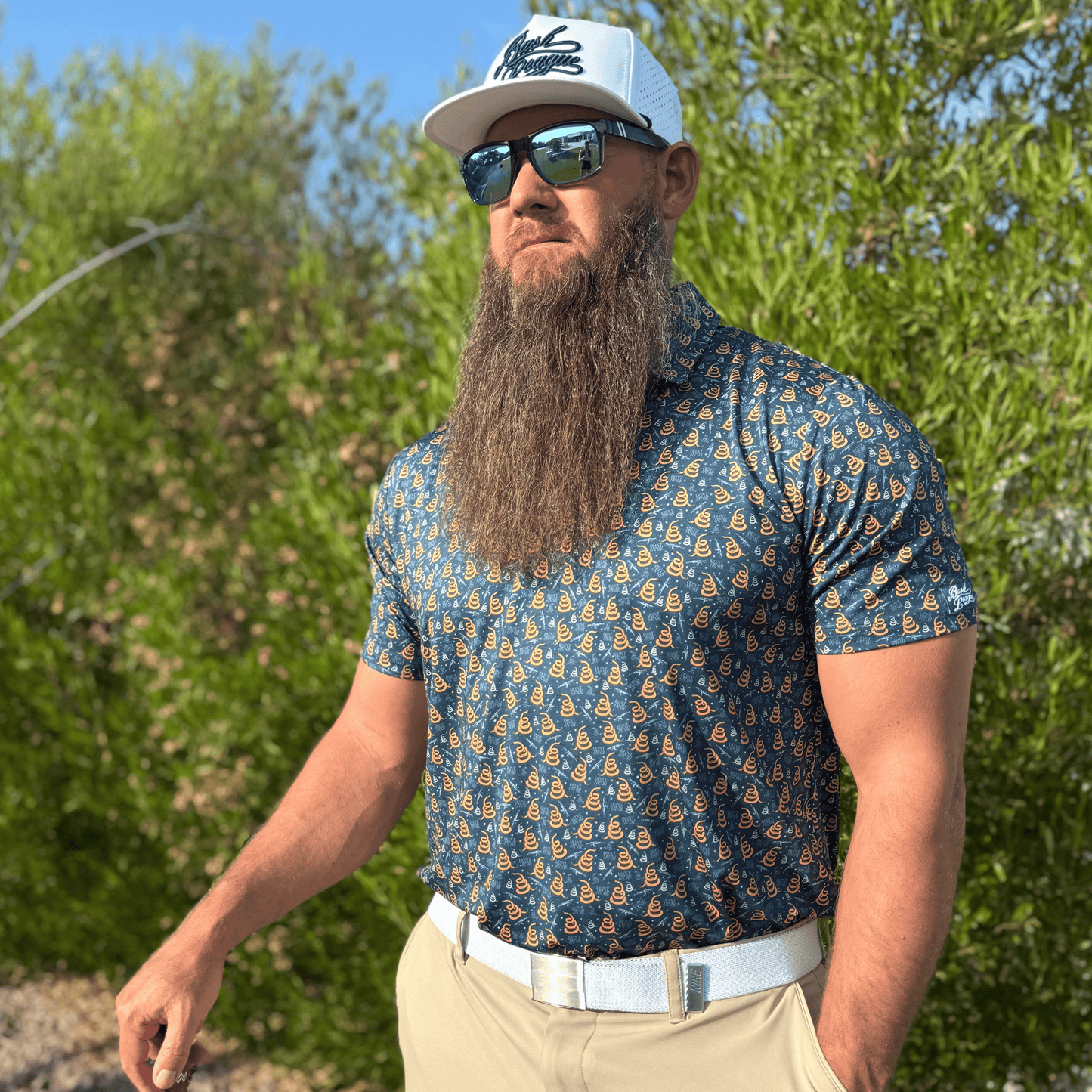 Men's Don't Tread On Me Golf Shirt. Lifestyle image.