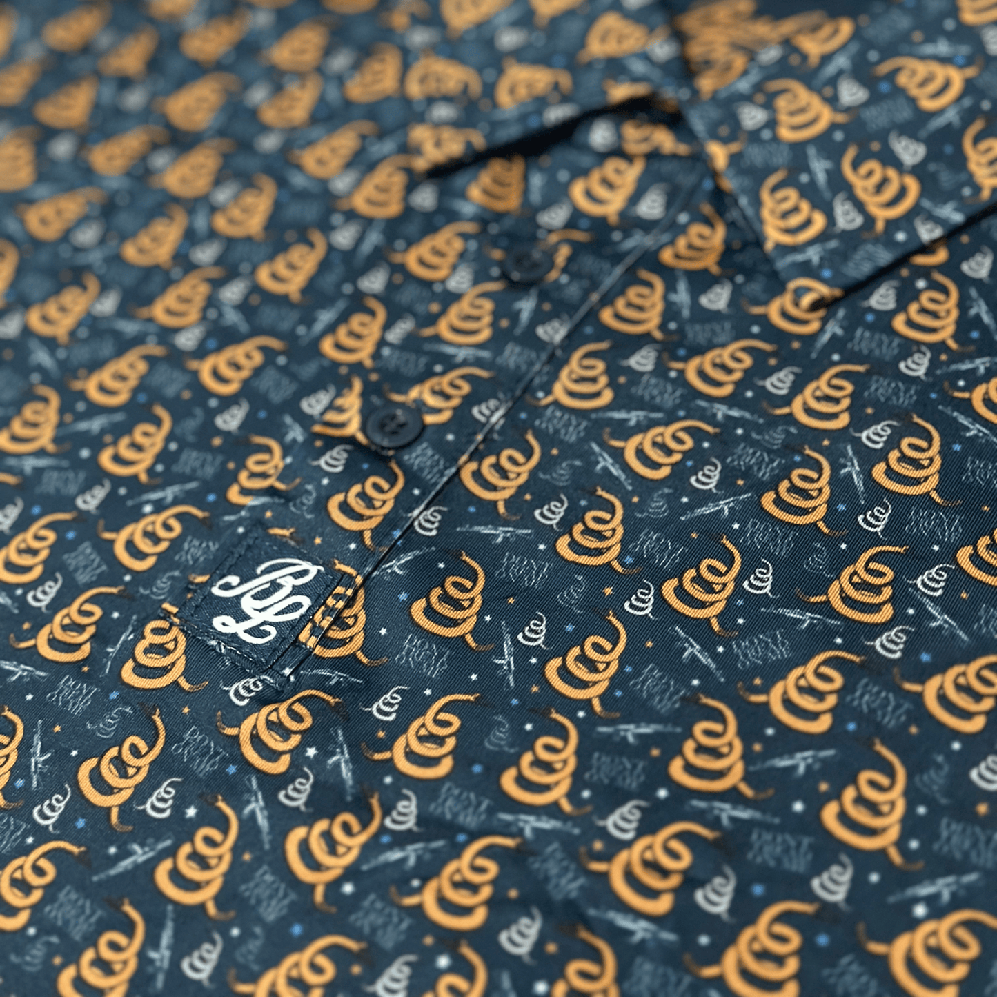 Men's Don't Tread On Me Golf Shirt. Close up of pattern and placket.