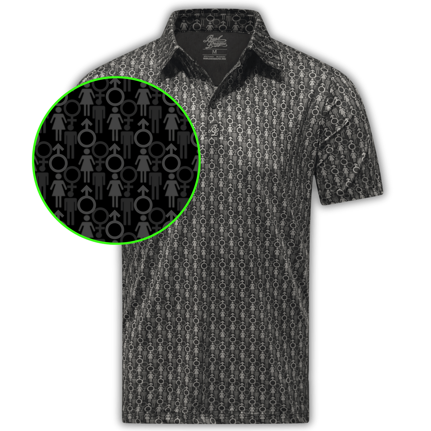 Men's Genders Golf Shirt in black and grey. Close up of genders pattern.