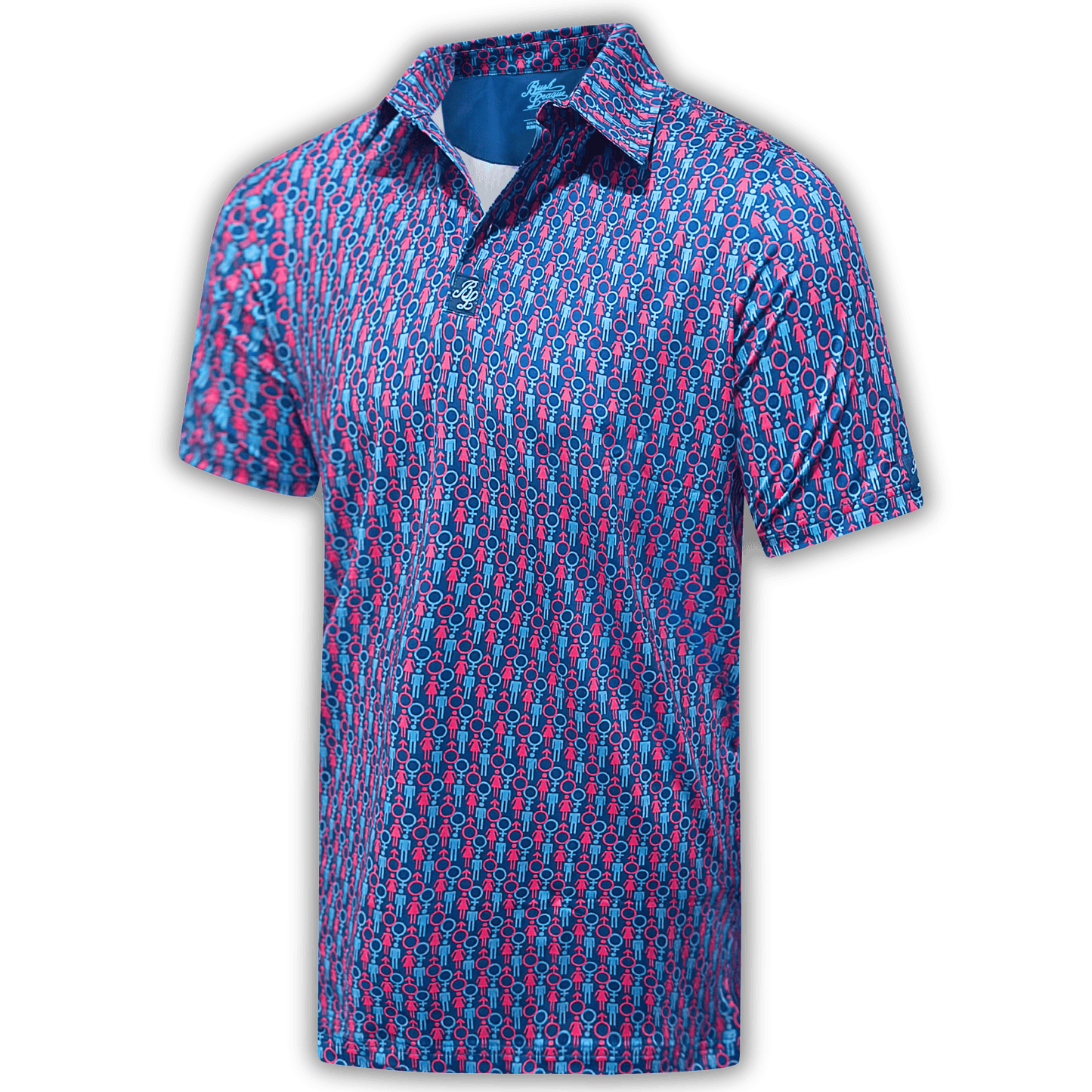 Men's Genders golf shirt in blue and pink at an angle.