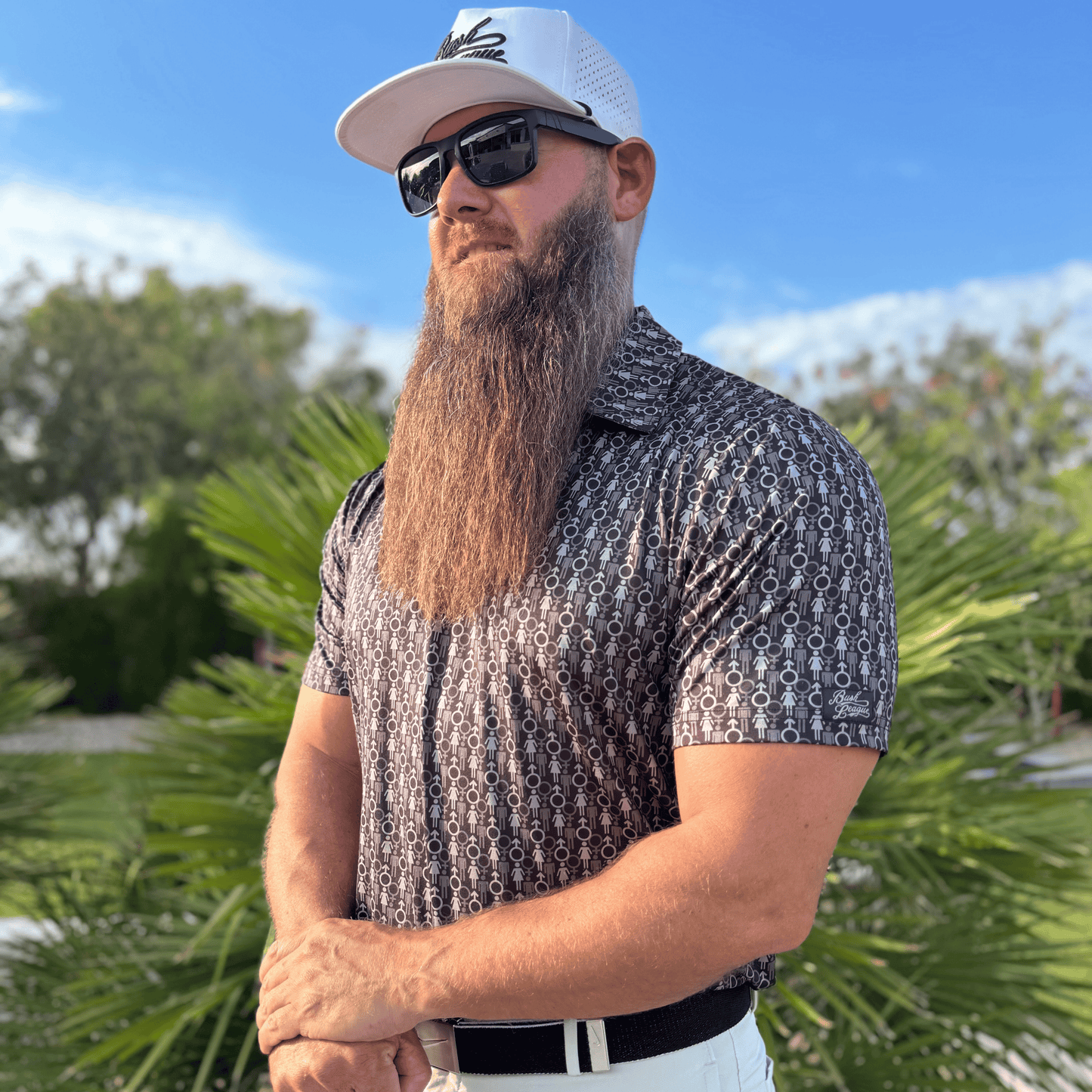 Men's Genders Golf shirt in black and grey. Lifestyle image.