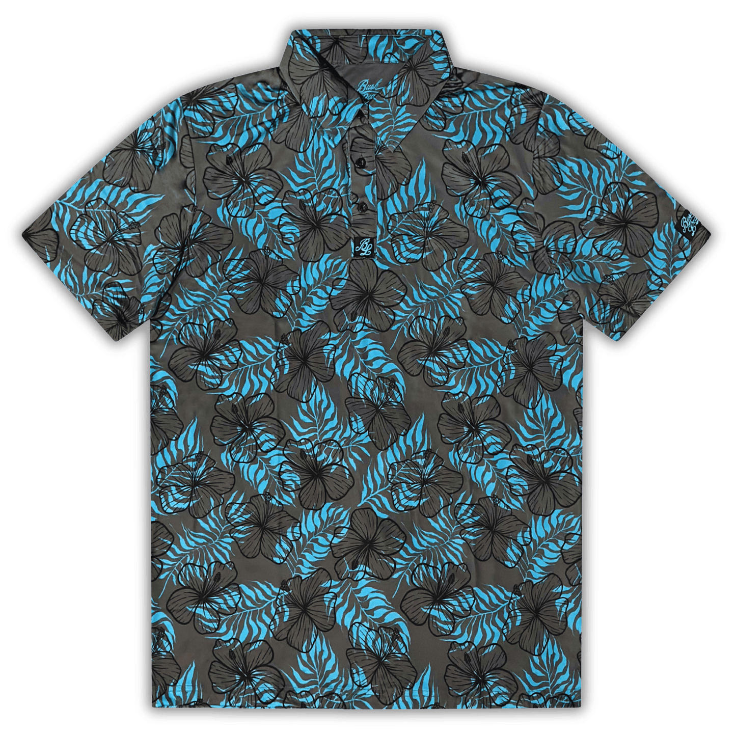 Men's Hibiscus Golf Shirt in grey and light blue. Flat Lay