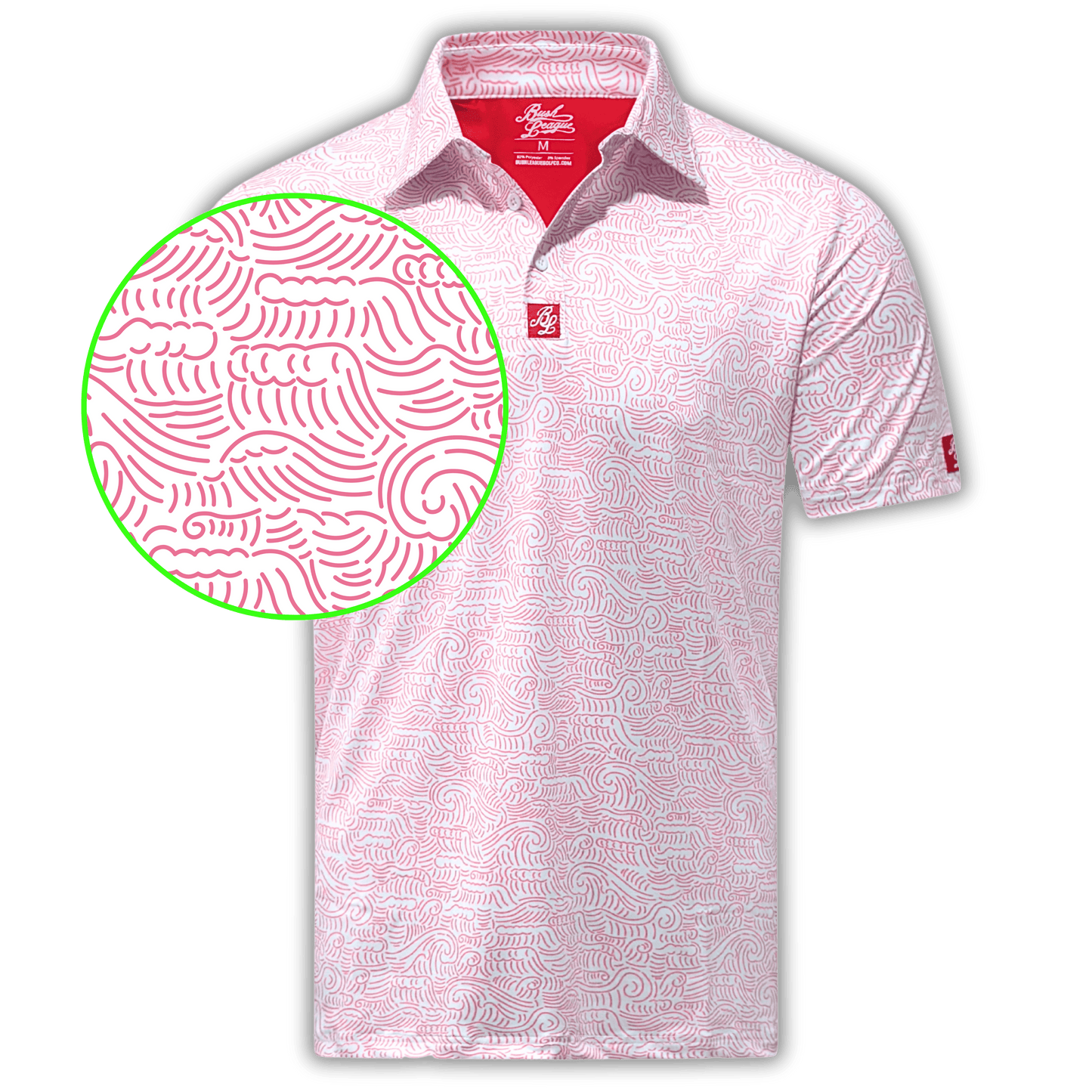 Men's Red Wave Golf Shirt. Front of golf polo with a close up of the pattern.