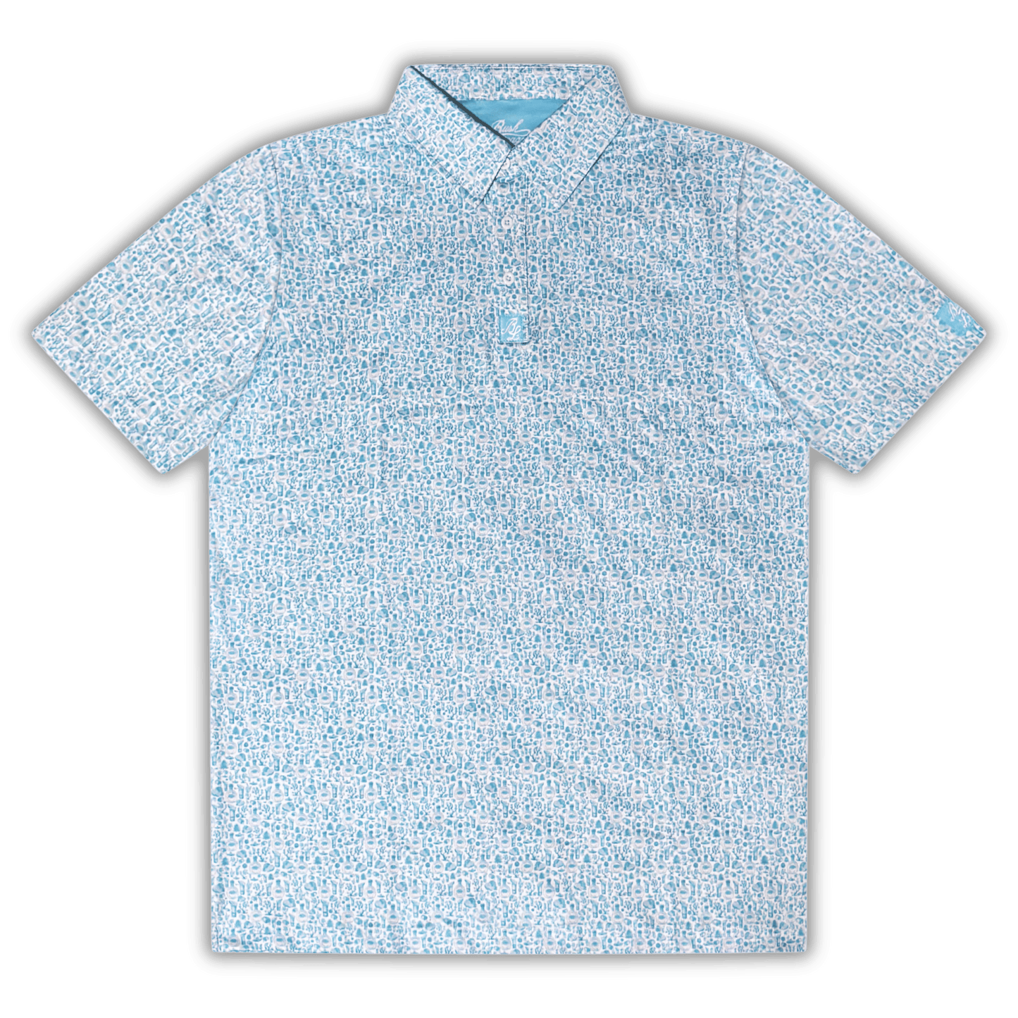 Men's Tequila Golf shirt in white and blue. Flat Lay.