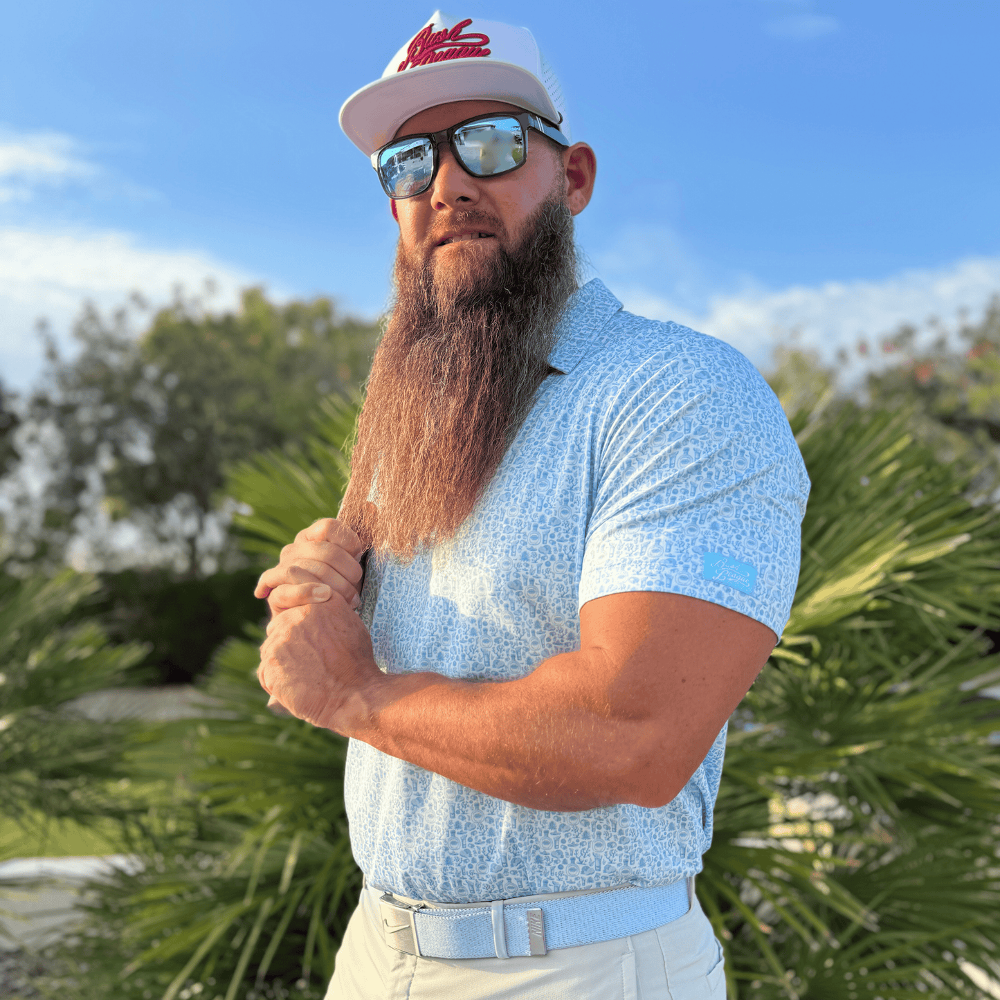 Men's Tequila Blanco Golf Shirt lifestyle image.