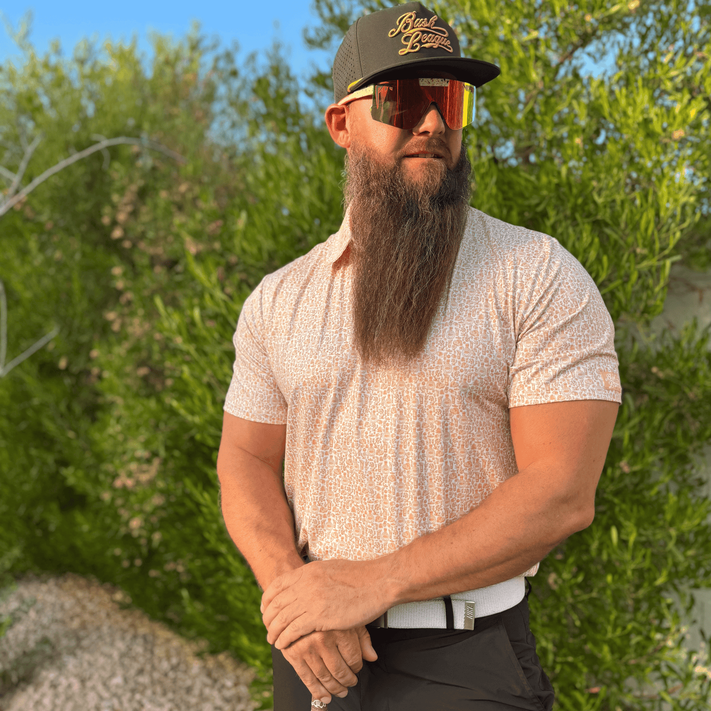 Men's Tequila Reposado Golf Shirt. Lifestyle image.