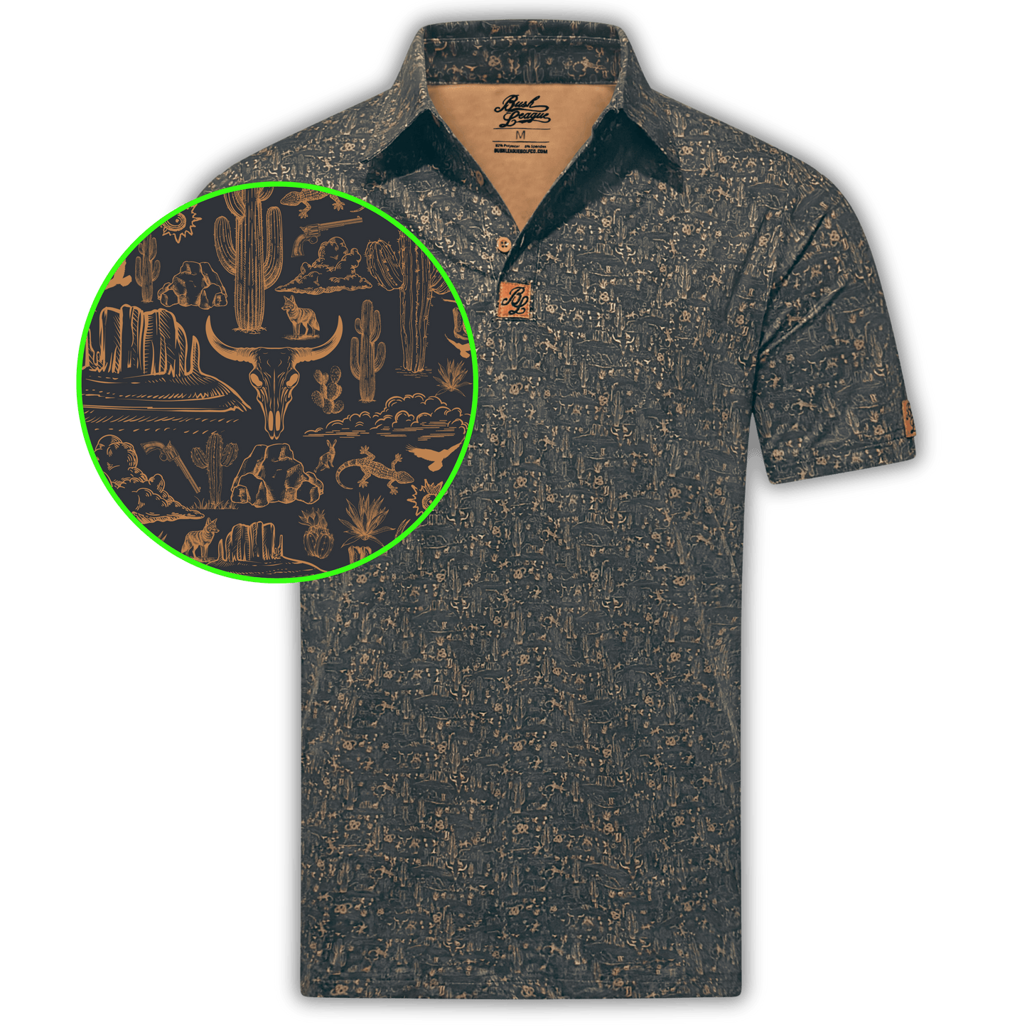 Men's Desert Golf Shirt in Black and Copper. Close up of the desert pattern.