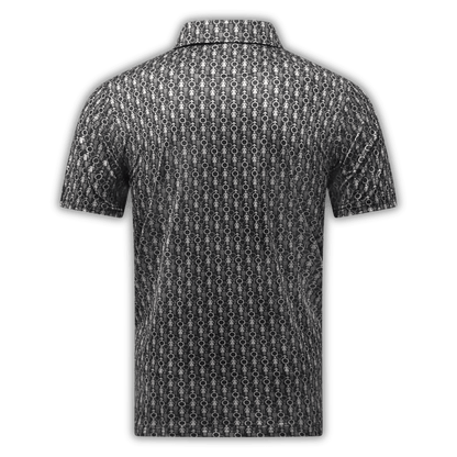 Men's 2 Genders Golf Shirt in black and grey. View is of the back of the polo. 