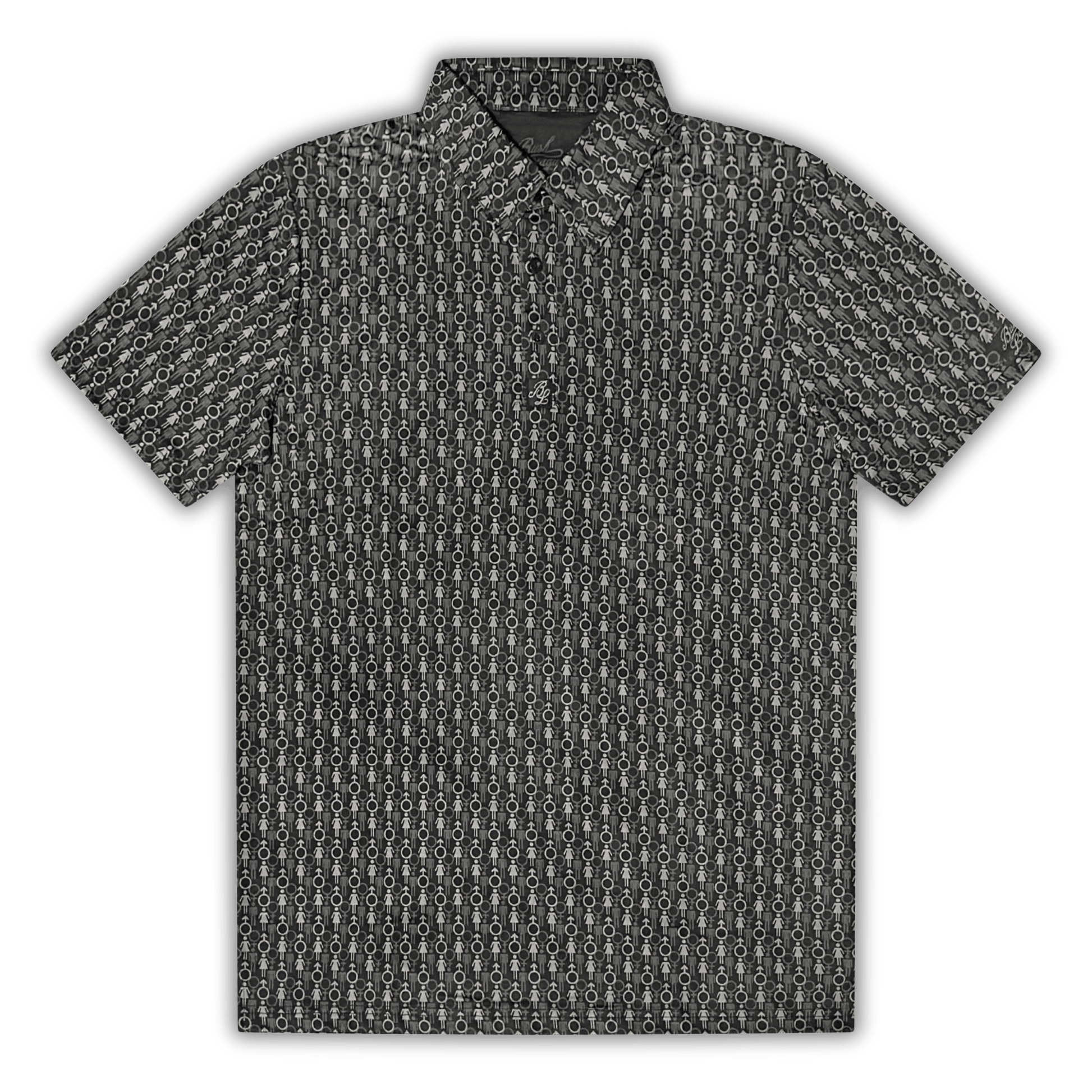 Men's 2 Genders Golf Shirt in black and grey. Flat lay view of polo. 
