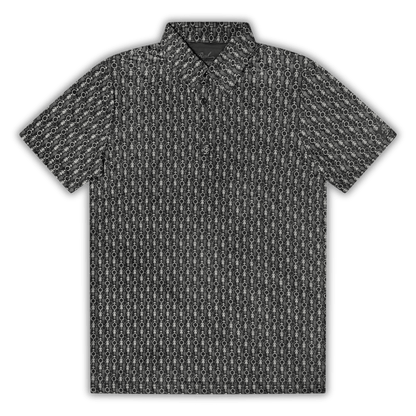 Men's 2 Genders Golf Shirt in black and grey. Flat lay view of polo. 