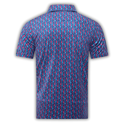 Men's 2 Genders Golf Shirt in blue and pink. Back of golf polo