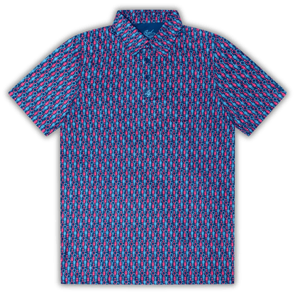 Men's 2 Genders Golf Shirt in blue and pink. Flat lay of polo. 