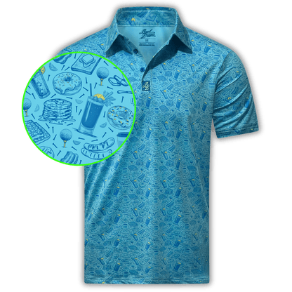 Men's Breakfast Ball Golf Shirt. Front of polo and close up of pattern. 