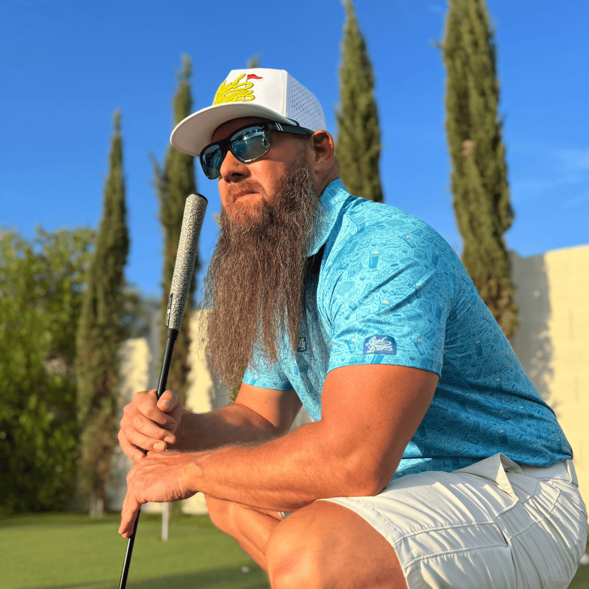 Men's Breakfast Ball Golf Shirt. Lifestyle image. 