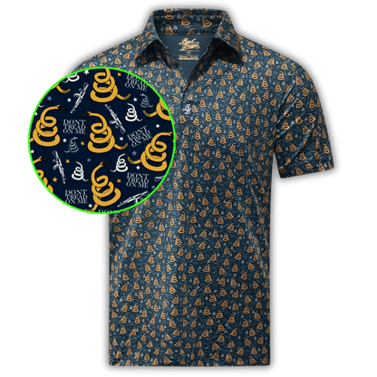 Men's Don't Tread On Me Golf Shirt. Front of golf polo and close up of pattern.