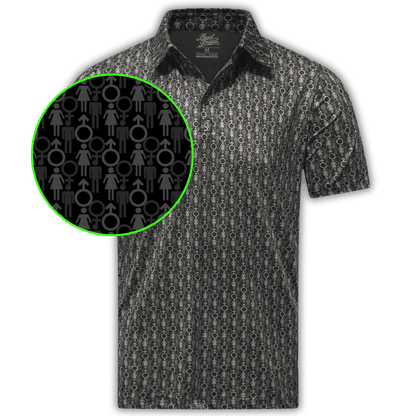 Men's Genders Golf Shirt in black and grey. Close up of genders pattern. 