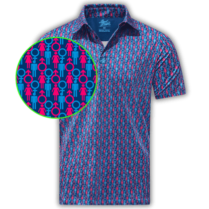 Men's Genders golf shirt in Navy, light blue and hot pink. Includes a close up of the pattern. 