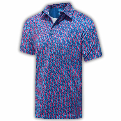 Men's Genders golf shirt in blue and pink at an angle.