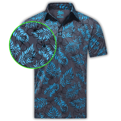 Men's Hibiscus Golf Shirt in blue and grey floral pattern. Includes a close up of the pattern. 