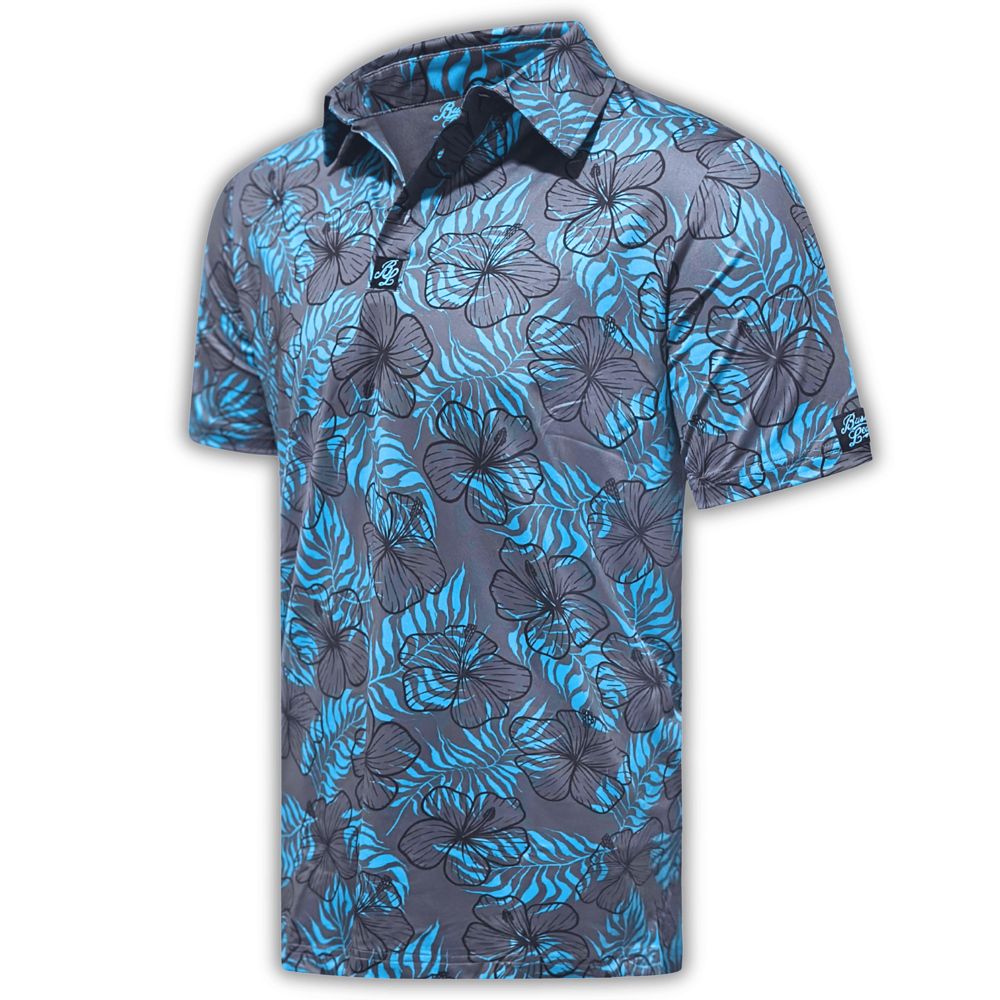 Men's Hibiscus Golf Shirt in blue and grey at an angle. 