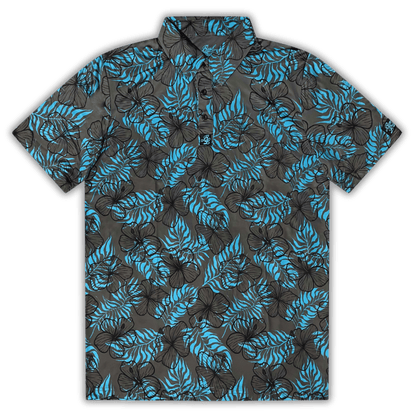 Men's Hibiscus Golf Shirt in grey and light blue. Flat Lay