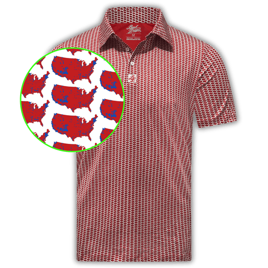 Men's Mandate Golf Shirt. Front of golf polo with close up of pattern. 