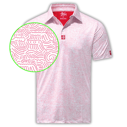 Men's Red Wave Golf Shirt. Front of golf polo with a close up of the pattern. 