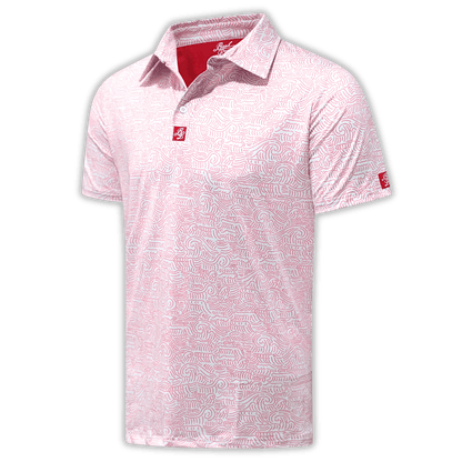Men's Red Wave Golf Shirt at an angle. 