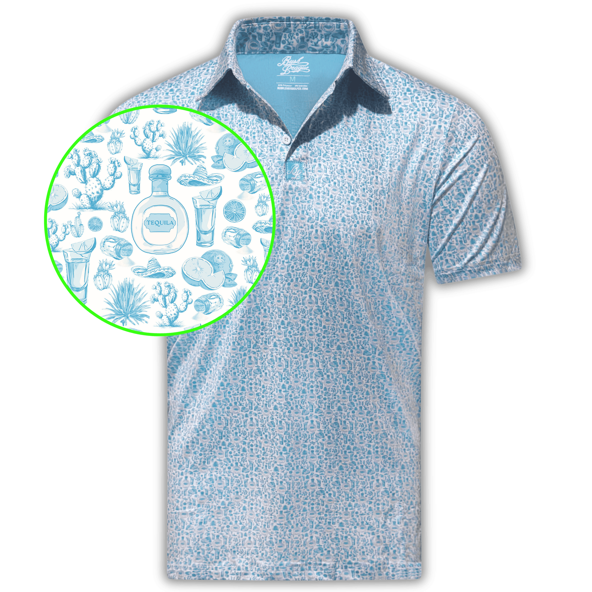 Men's Tequila Blanco Golf Shirt. Close up of Tequila blanco pattern. 