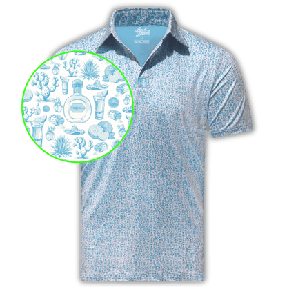 Men's Tequila Blanco Golf Shirt. Close up of Tequila blanco pattern. 