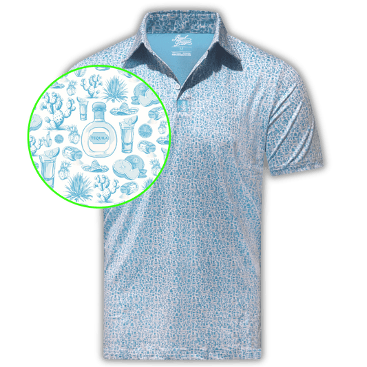 Men's Tequila Blanco Golf Shirt. Close up of Tequila blanco pattern. 