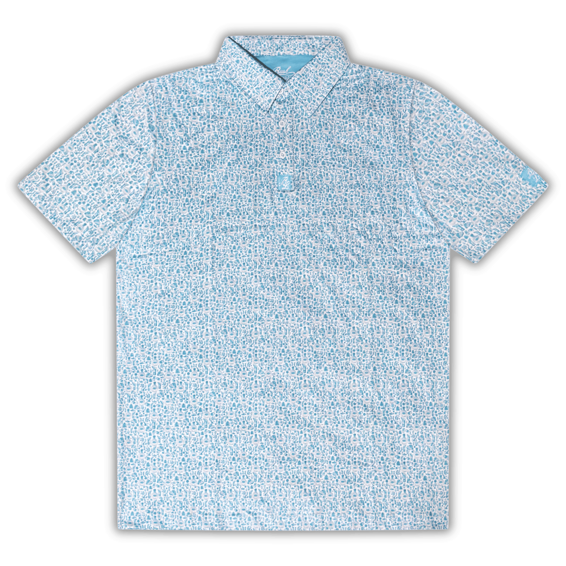 Men's Tequila Golf shirt in white and blue. Flat Lay. 
