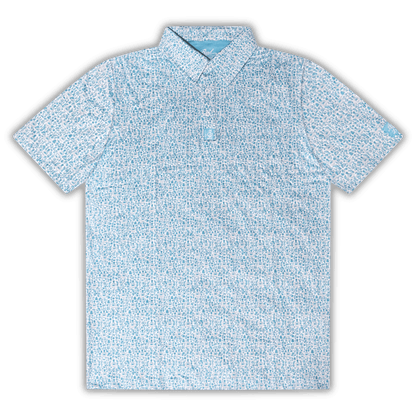 Men's Tequila Golf shirt in white and blue. Flat Lay. 