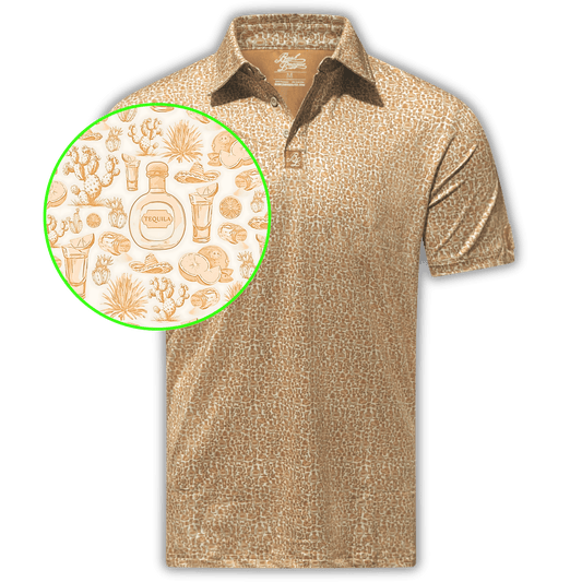 Men's Tequila Reposado Golf Shirt and close up of Tequila pattern. 