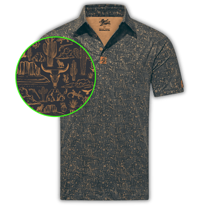 Men's Desert Golf Shirt in Black and Copper. Close up of the desert pattern. 
