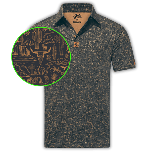 Men's Desert Golf Shirt in Black and Copper. Close up of the desert pattern. 