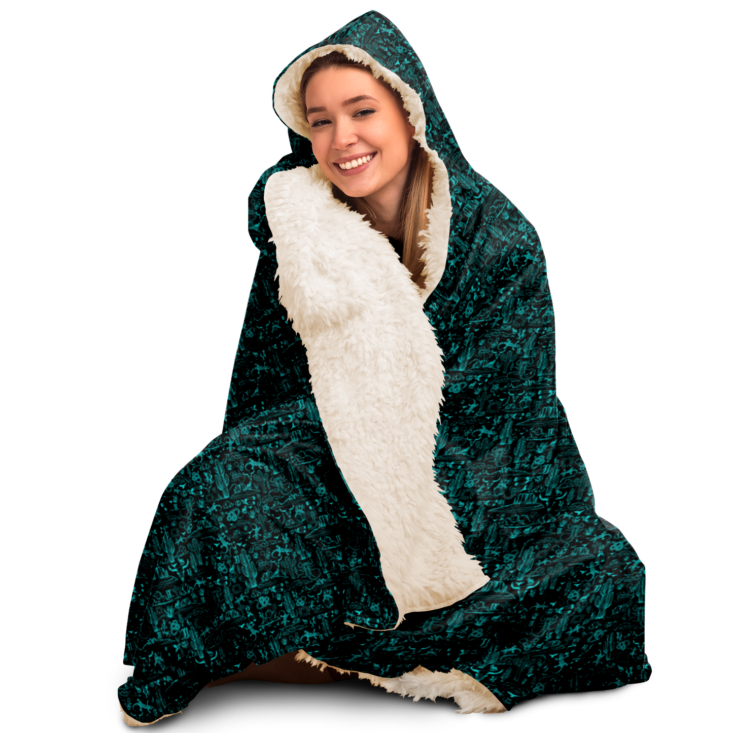 The Desert Hooded Blanket Sherpa - Black / Teal